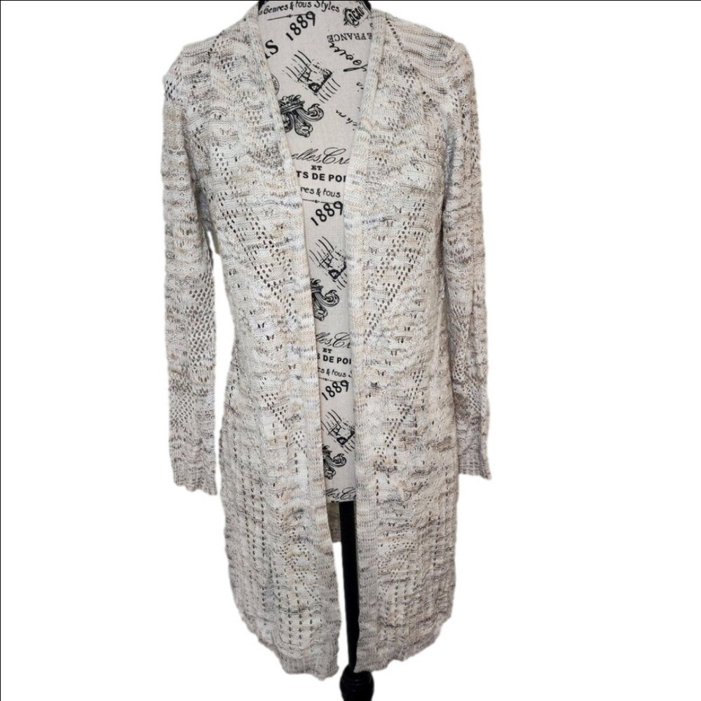 It'sβ Our Time Crochet Open Knit Longline Cardigan M Beige Boho Grannycore